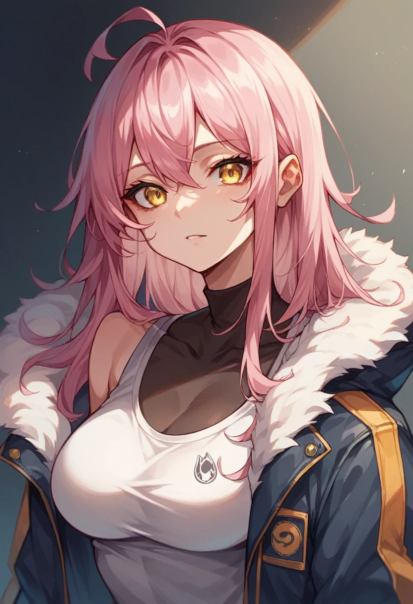 Pink long hair, sexy, yellow eyes, nekomimi, jacket, jump