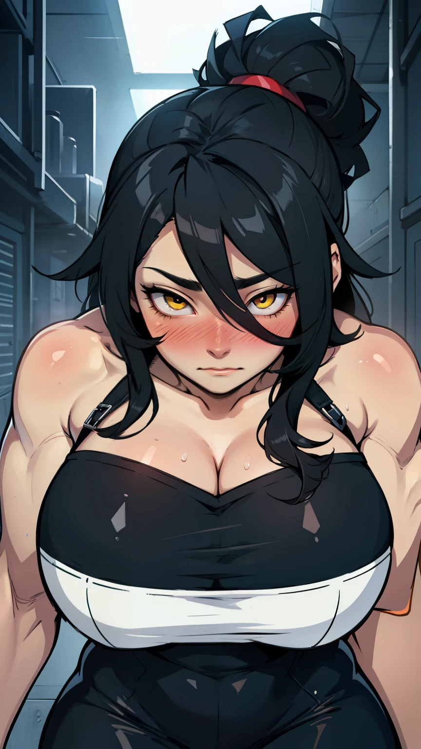 athletic build massive breasts pale skin black hair yellow eyes expressionless long hair dark atmosphere