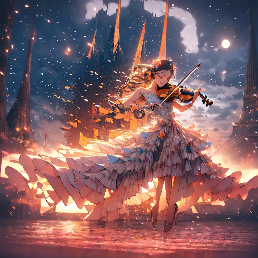 Create a detailed and high-definition image of a serene night scene with a silhouetted mermaid musician playing a violin on a cliff edge, backlit by a full moon. The sky should be filled with stars and faint auroras, casting a gentle glow over the landscape. Add subtle details like the outline of trees and distant mountains, with notes of music seemingly floating in the air, enhancing the magical and tranquil atmosphere. This should be an illustration with a 3D render style.