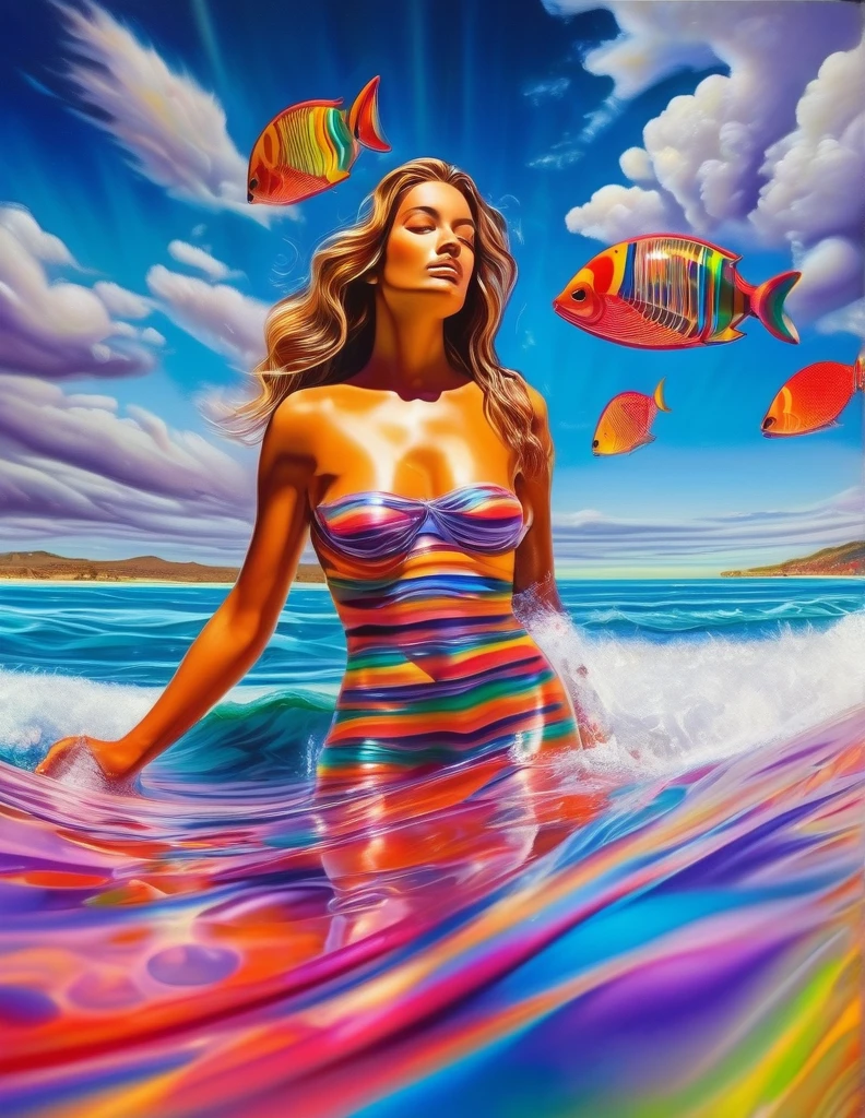 Striped Jelly beautiful women Sculptures of a resemble tiny fish tanks, full body emerge from the striped liquid, vibrant and colorful surf, brilliant and dynamic sky, high quality, realism, close-up view, massive wave, surfer, vibrant colors, brilliant sky, detailed realism, ocean waves, Hawaiian scenery, professional, colorful surf, dynamic lighting