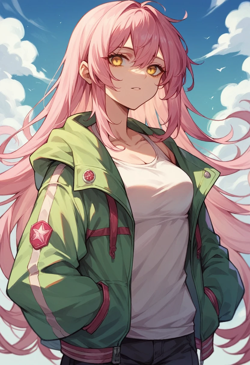 Pink long hair, sexy, yellow eyes, nekomimi, jacket, jump