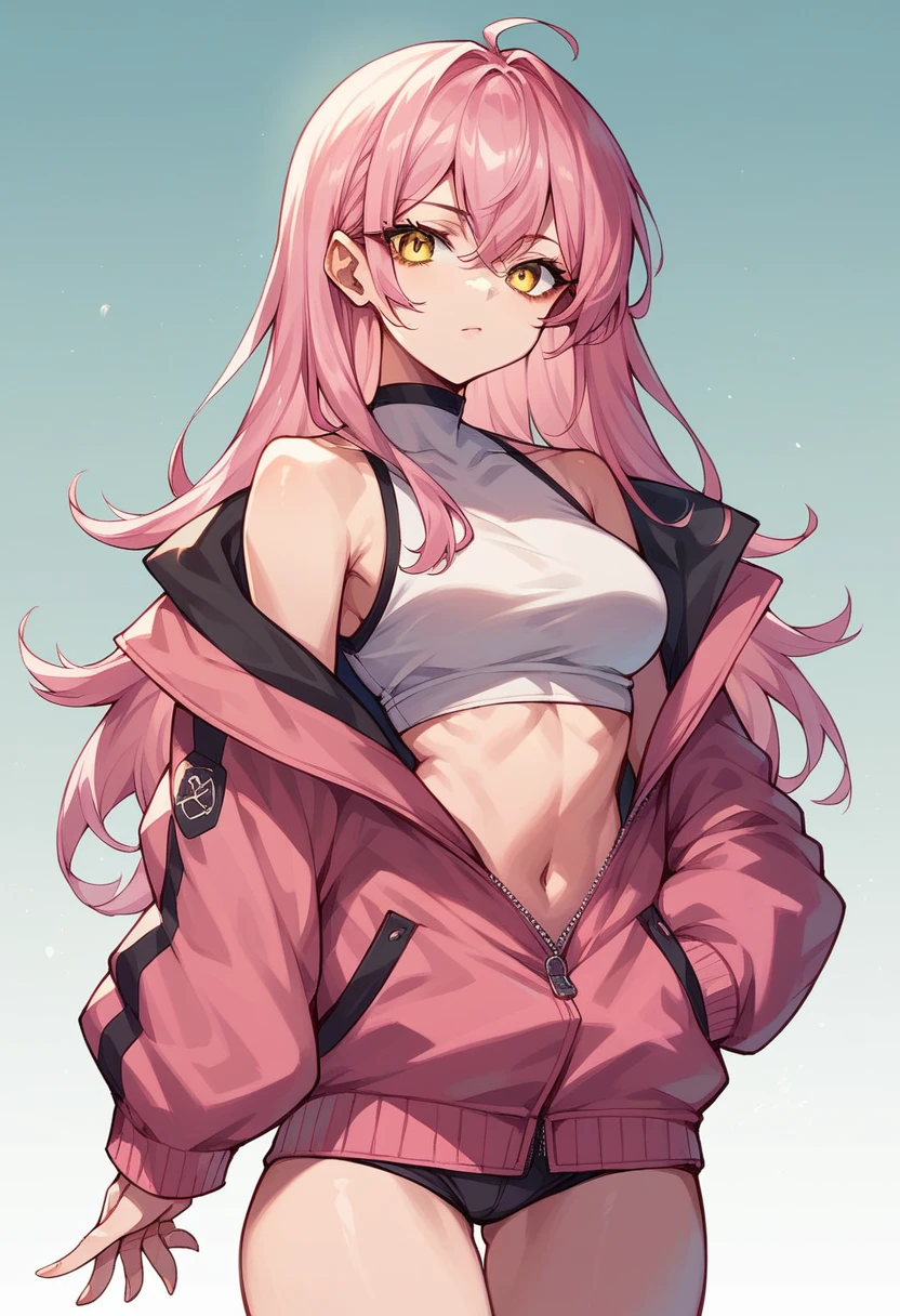 Pink long hair, sexy, yellow eyes, nekomimi, jacket, jump