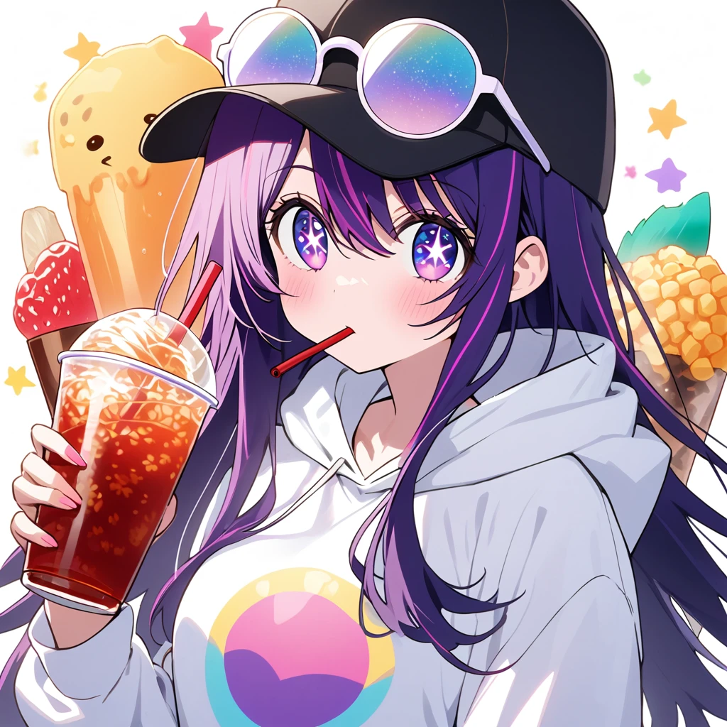 girl, Hoshino Ai, Stars in my eyes, black cap, purple long hair, white hoodie, pastel white ((heart)) sun glasses, drink red tea tapioca, white background