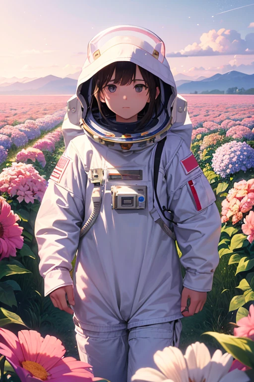 Astronaut walks through a sea of flowers dotted with pink clouds,Lonely Astronaut,Astronauts cannot leave this planet,The astronaut is lost in the infinite universe.