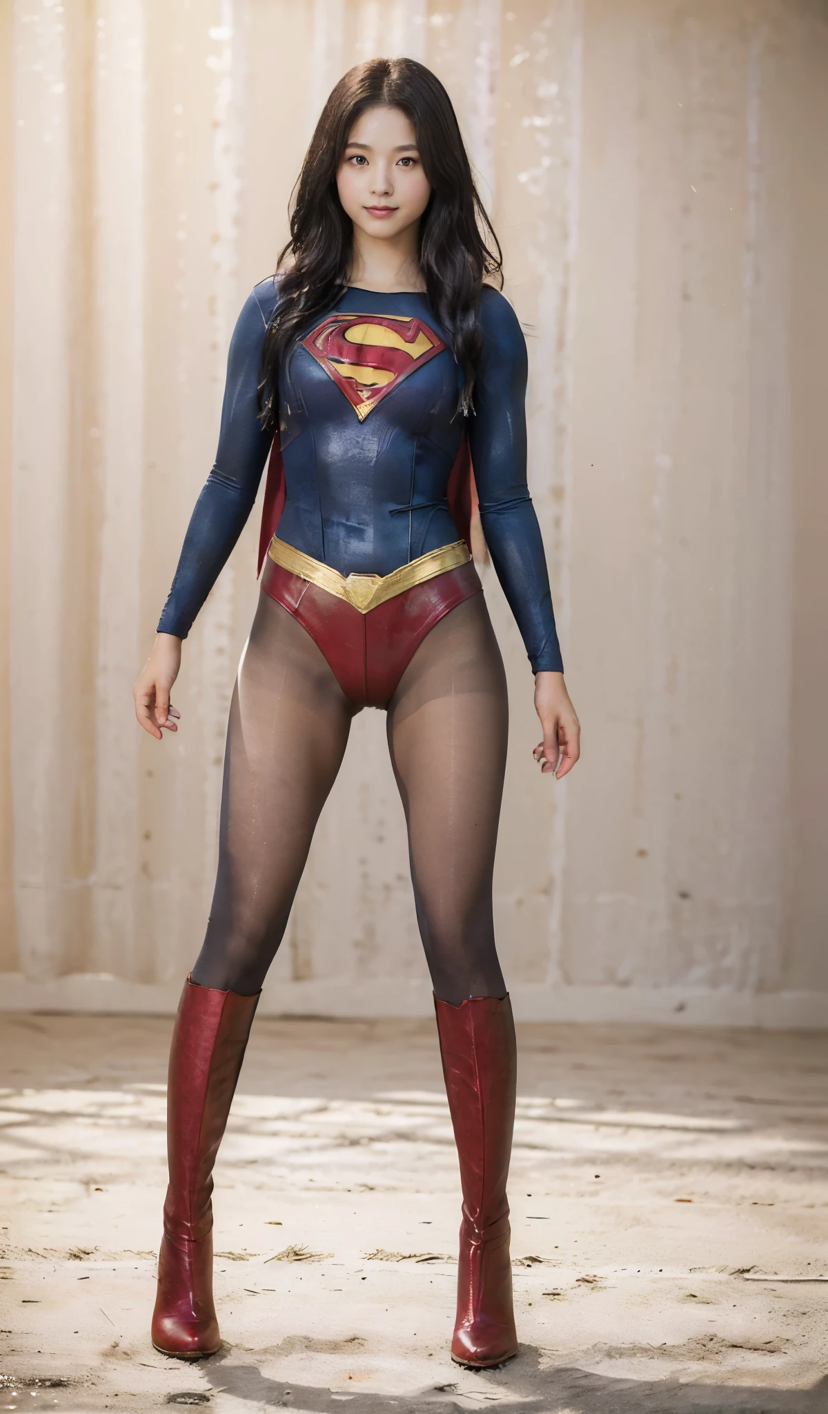 No background、She always has her mouth open、She always has a sad look on her face、Always close your eyes、(((Beautiful legs in black tights.)))、(((Stretch your legs、expensive、Showing a beautiful smile)))、((((Make the most of your original images)))、(((Supergirl Costume)))、(((Beautiful Hair)))、(((Suffering face)))、(((Black tights legs、Wear red boots)))、((Best image quality、8k))、((Highest quality、8k、masterpiece:1.3))、(((Preserve background )))、Sharp focus:1.2、Beautiful woman with perfect figure:1.4、Slim Abs:1.2、Wet body:1.5、Highly detailed face and skin texture、8k