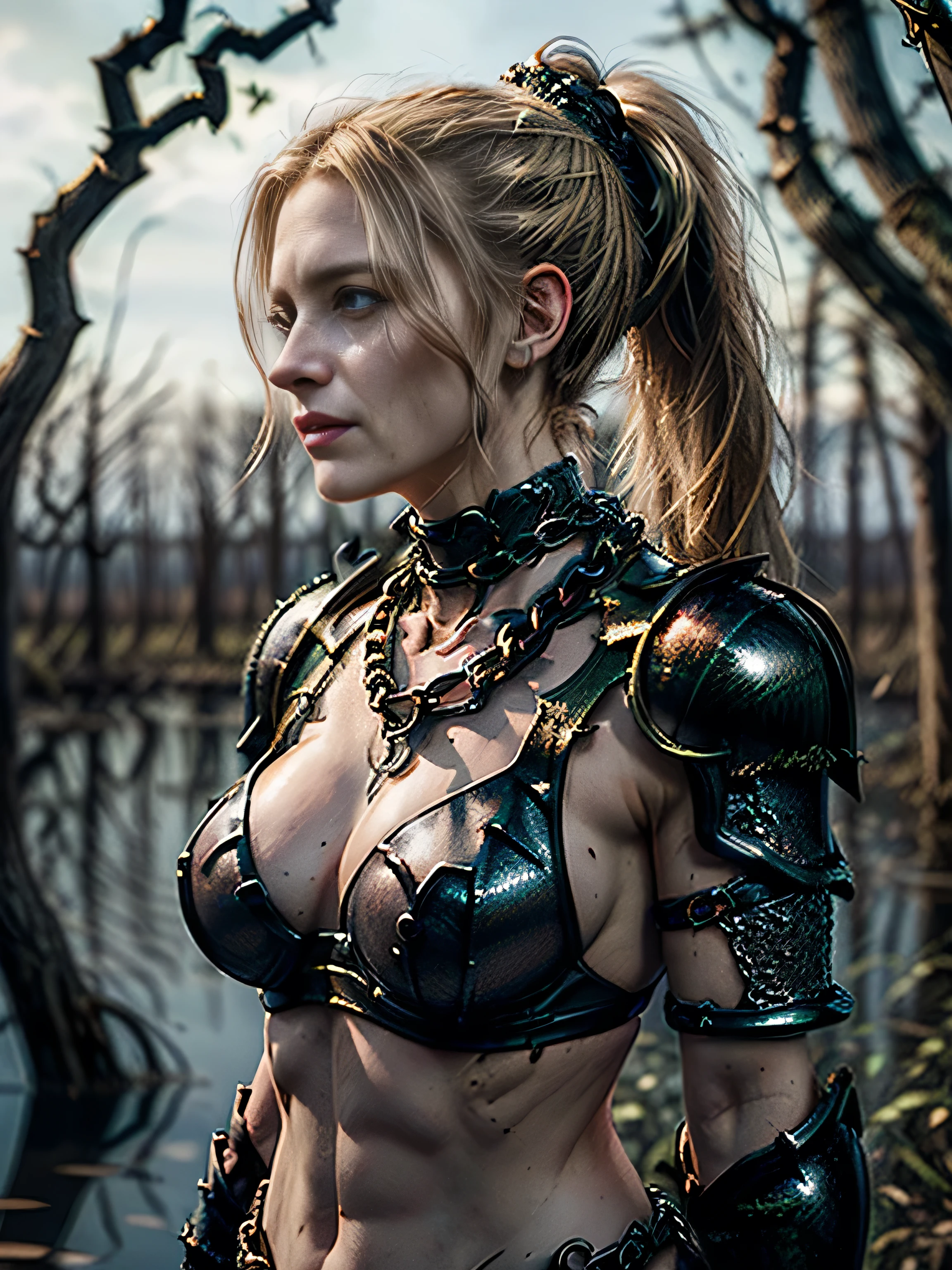 (masterpiece, photorealistic:1.4, extremely intricate:1.3), (photon mapping, radiosity, physically based rendering, ultra resolution, hyper-realistic, photorealistic:1.4, hyper-realistic, 8K, dtx), ((female [supermodel:bodybuilder:0.7], ((([large breasts:medium breasts:0.2], black chrome perfectchainmail armor:1.6, upper torso, chains)), leather straps, chain, ponytail), [blonde hair:dark hair:0.7], [skin detail:makeup:0.3])), outdoors, (((swamp, fear, dead vines, black trees, smirking, aloof, looking away)))
