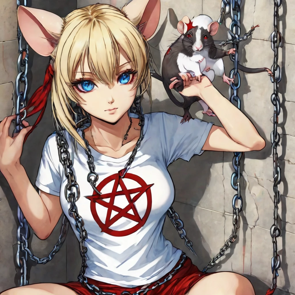 a sexy female rat with blonde hair and blue eyes, wearing a torn white tee-shirt, with a red pentagram logo on the front, is restrained to a wall, with chains, that are cuffed around its paws.