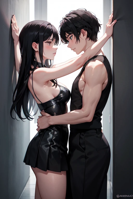 (masterpiece:1.2, of the highest quality, 8k, advanced details), In an intimate and NSFW moment, The two girls found themselves pressed against each other., Their bodies close enough to feel the heat radiating between them. A girl was trapped against the wall., his arms raised above his head, surrender to the touch of the other. The other girl grabbed her by the waist.., her hand going under her skirt, Their gazes stared deeply into each other's eyes.. With seductive expressions playing on their faces., They explored this forbidden moment, their hearts beating with desire.((underwear)),((luxurious room))
