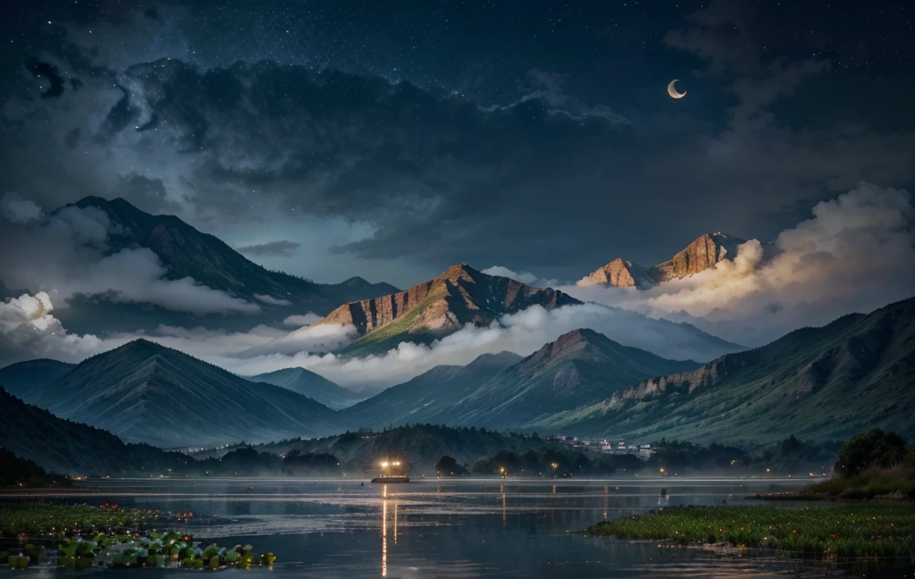 night, Only moonlight illuminates, crescent moon, mountains in the distance, Beautiful big lotus nearby, big red lotus, There is running water next to it, frog, Summer is full of joy, crescent moon in the sky mixed with stars, Amazing wallpapers, Rainy night, rainy night, Beautiful and beautiful, Movie, high detail ((downpour))), 8k