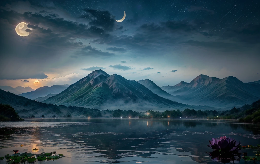 night, Only moonlight illuminates, crescent moon, mountains in the distance, Beautiful big lotus nearby, big red lotus, There is running water next to it, frog, Summer is full of joy, crescent moon in the sky mixed with stars, Amazing wallpapers, Rainy night, rainy night, Beautiful and beautiful, Movie, high detail ((downpour))), 8k