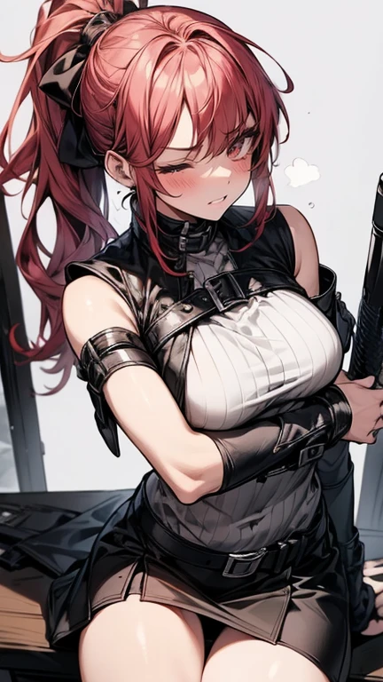Dynamic composition,{{masterpiece}}, {{{Highest quality}}},{{Very detailed}},1girl,30years old,{Mature Woman}},{{White sleeveless shirt:1.6}},,{{white cyberpunk style Sleeveless and ribbed shirt:1.4}},{{hold one's arms:1.6}},{{Grit your teeth:1.4}},one eye closed,Cowboy Shot,bent over,{{,Medium breast}},{{cyberpunk style Female Fighter}},small face,{{BLACK mini-skirt}},{{BLACK Leather knee-high boots:1.6}},{{Sit on a chair and take a rest}}, belt,black fingerless gloves ,{{v-shaped eyebrows}},Bad mood,blush、怒り,Sweat,raise one's eyebrows ,{{View your viewers}}、A hotel room at night、Red hair long ponytail,Blunt bangs.abdominal pain ,{{pain}},