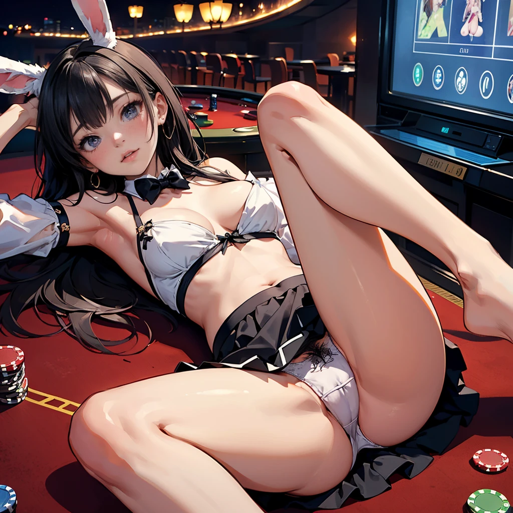 (Highest quality, 8k, masterpiece:1.3,beautiful girl), (masterpiece:1.3, Highest quality, Ultra-high resolution, Very detailed),Beautiful body, Beautiful breasts, Beautiful thighs, Beautiful legs, Beautiful fingers, Glowing Skin,(((Long Hair,Black Hair,Beautiful Hair))),(Perfect Anatomy, Anatomically correct, Very detailed肌), Cute and symmetrical face, Perfect Face, Perfect Eyes, ((Perfect Fingers, Five Fingers)), (((whole body,Draw the whole thing)))((Two Arms,Two Legs))((Woman 1,)),casino,In the crowd,(((Bunny girl,mini skirt,No sleeve))),Lying at the roulette table,(((Seduce a man,Captivating look))),Please stretch your legs and rest..,Spread your legs wide,(((Panties on the thighs,Thin pubic hair)))Beckon to the audience