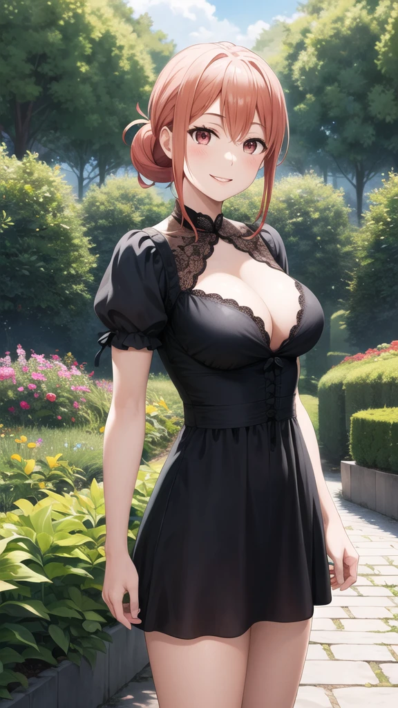 masterpiece, best quality, highres, gahamama, single hair bun, breasts, gothic, black dress, garden, standing, smile,