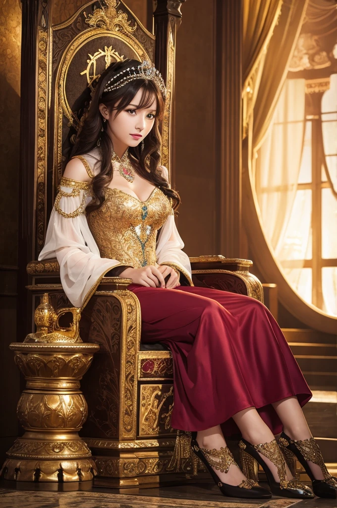 A beautiful woman in a dress is sitting on a throne in a luxurious castle, holding a crystal ball and several tarot cards, and looking at the camera.