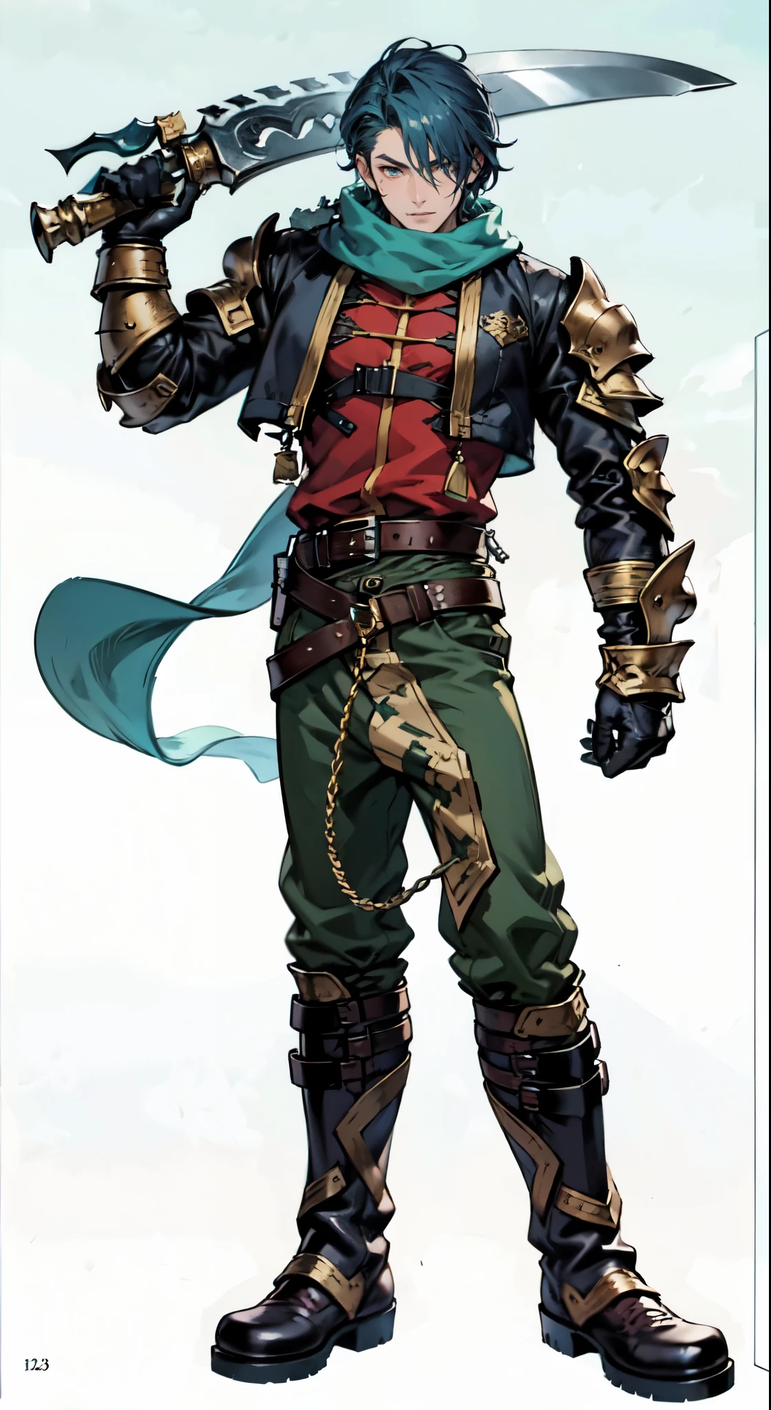 (masterpiece:1.2, best quality:1.2, extremely delicate:1.2), ((male:1.5)), a young man with short blue-purple hair, side-swept bangs covering one eye, a confident expression, a scar on the bridge of his nose, a slight smile on his lips, a dark green scarf around his neck, a fantasy-reality style rogue outfit, an open dark short vest, a layered futuristic tight armor underneath that emits a silver-blue glow, small fitted shoulder armor, matching arm guards and shin guards, a two-piece leather belt at his waist, layered canvas trousers, tall boots, he holds a serrated blade horizontally behind him with his raised right hand, standing imposingly on a windy and sandy hillside, this character embodies a finely crafted fantasy-reality-style rogue in anime style, exquisite and mature manga art style, dramatic, high definition, highres, ultra-detailed, ultra-fine painting, professional, perfect body proportions, golden ratio, anatomically correct, symmetrical face, extremely detailed eyes and face, high quality eyes, creativity, RAW photo, UHD, 32k, Natural light, cinematic lighting, (masterpiece-anatomy-perfect:1.2)