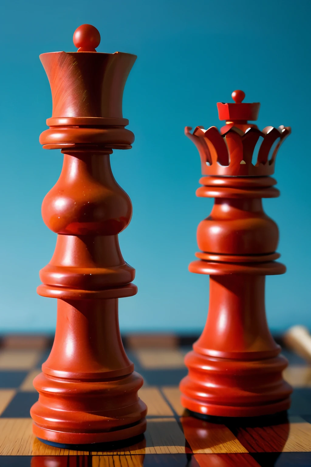 Create an image of a red chess king piece standing with its back facing a colossal blue chess queen piece. The king should be detailed and realistic, while the queen should tower over it, emphasizing its grandeur. The background should be a soft gradient that highlights the colors of the chess pieces