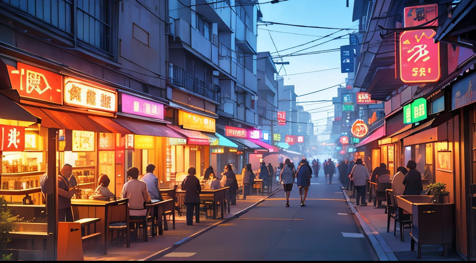 People walking down a street in a city at night - SeaArt AI