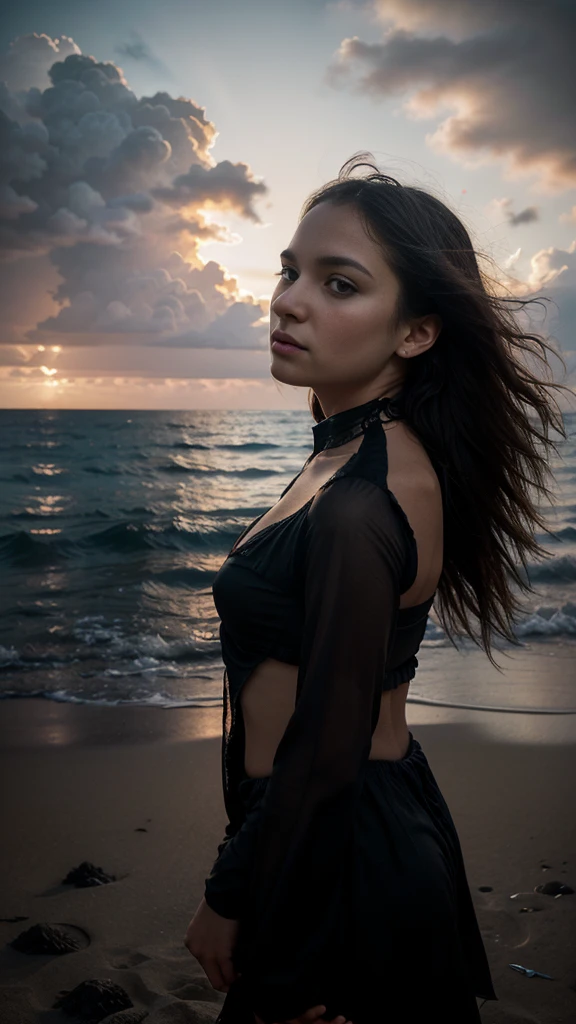 creative portrait, beach at dusk , Evgenia, cinematic quality , "experimental fantasy " theater , in the style of Anato Finnstark, Igor Maikov, Tom Lovell, Johann Jungblut, Mark Molchan, Pino Daeni, silent alternative contemplation, cinematic expand, detailed airbrush Matte, mixed with juxtaposition of varied qualities of fantasy depicted via double exposure, (found footage) dream scene,the thought process, breathtaking fusion, multi-layered, finely artistic works, style incorporating the fa