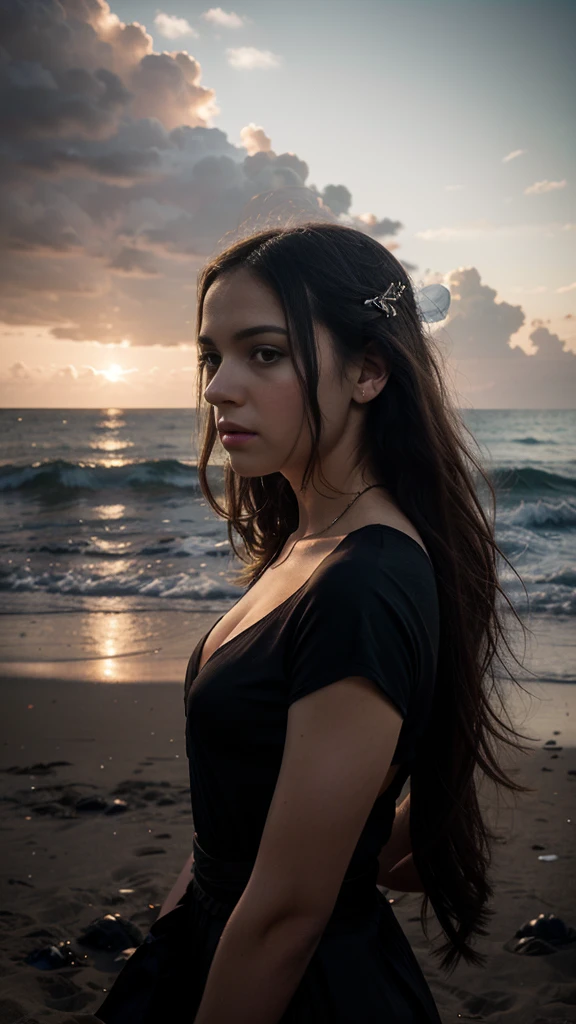 creative portrait, beach at dusk , Evgenia, cinematic quality , "experimental fantasy " theater , in the style of Anato Finnstark, Igor Maikov, Tom Lovell, Johann Jungblut, Mark Molchan, Pino Daeni, silent alternative contemplation, cinematic expand, detailed airbrush Matte, mixed with juxtaposition of varied qualities of fantasy depicted via double exposure, (found footage) dream scene,the thought process, breathtaking fusion, multi-layered, finely artistic works, style incorporating the fa
