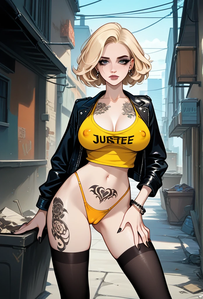 masterpiece, best quality, mature woman, blonde hair, sharp eyes, curvy body, dirty alley, thong, besides dumpster, front view, hand on thighs, hopeless eyes, tired, despair eyes, slave tattoo, junkie, tattoos, eye bags, eye shadow, (skimpy clothing), bend over, (whore expression), (please show nipples through clothing), idiot smile, (please show pussy through clothing), colorful clothing