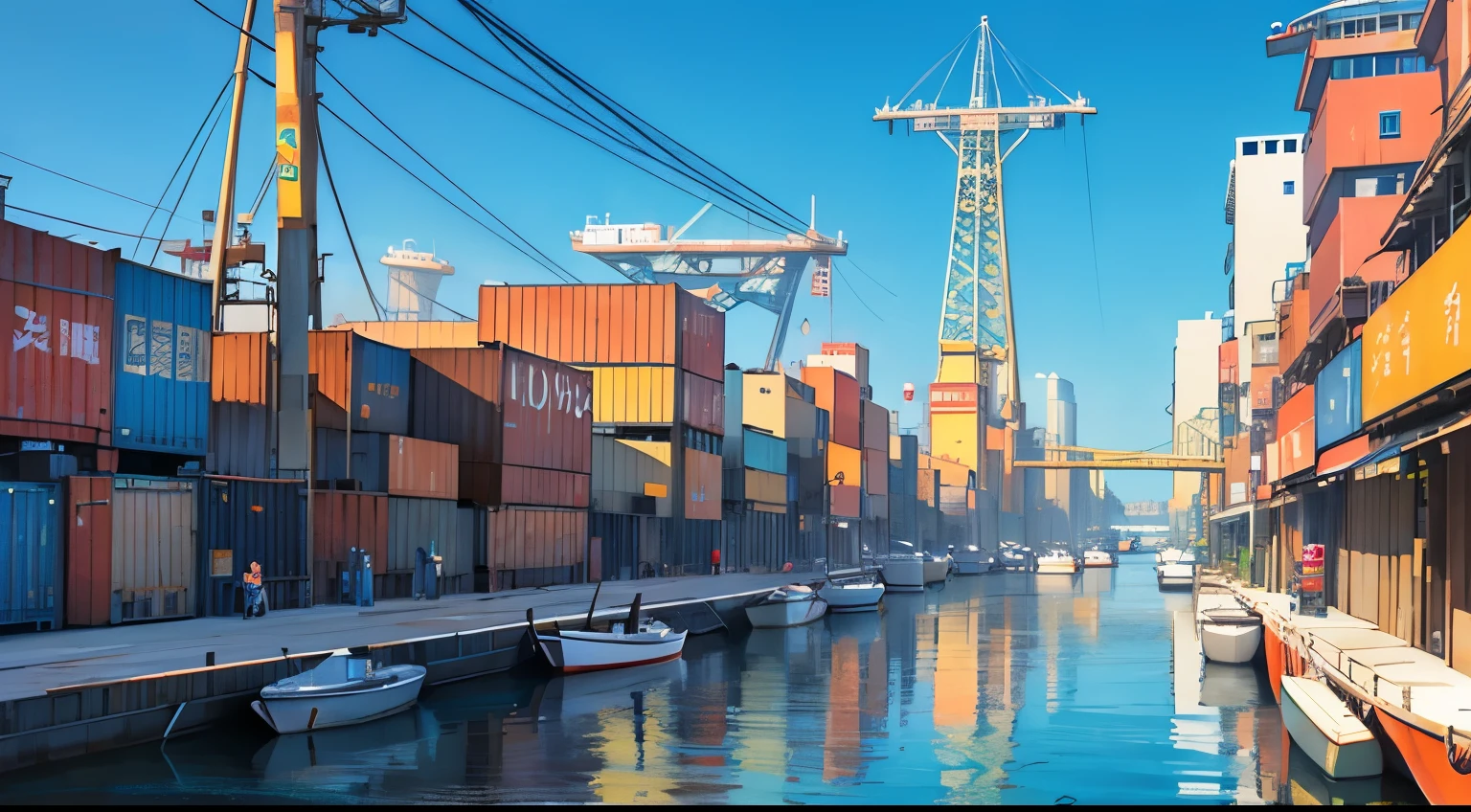 Sunny Day　The neon lights are shining々The sparkling harbor square　Huge cranes and、Colorful containers lined up