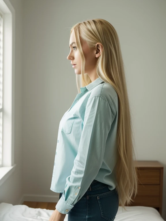 ;a woman with long blond hair, Beautiful latin face, beautiful attractive face, pretty feminine face, perfect face and eyes, extremely beautiful face, Beautiful eyes and face, beautiful feminine face, light green eyes, light green eyes, beautiful green eyes, blonde hair, platinum blonde hair, full body photo. Getting dressed, blue jeans, white shirt, in bedroom, bright room, profile view, looking away, looking at the horizon, wide view, whole room, full body