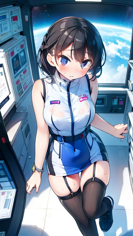 (Highest quality), (masterpiece), 1080P, High resolution, 4K, 8k, Inside the space station、Futuristic room、Thigh straps, Shooting from directly below, The woman on top of me, Nipples, 白いSweat, Covered , Sweat, Woman looking down, Skirt swimsuit, Thigh-high socks, To achieve this, , , whole body, Black leather shoes, Braided hair, Inner Color, Embarrassed face, Short black hair, bracelet, Bedroom,celestial body_Vest