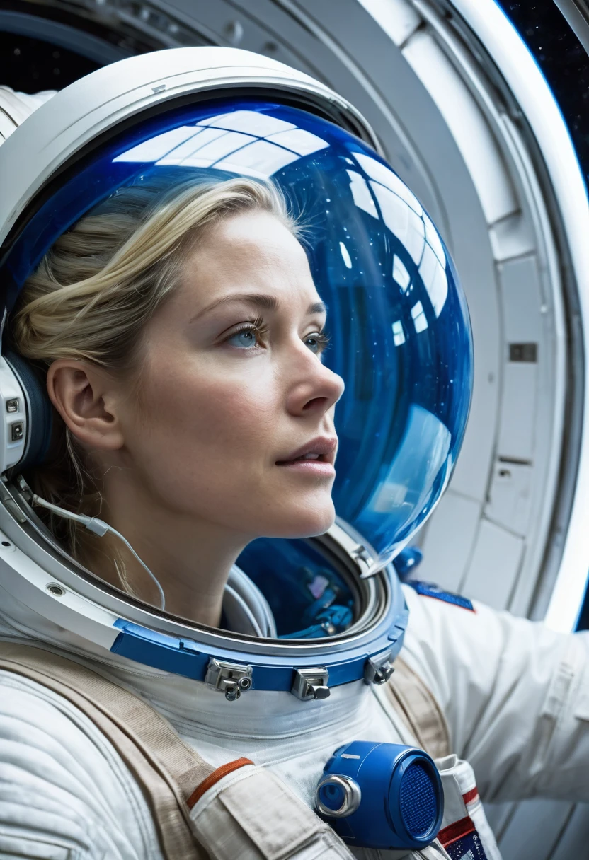 8K quality, ultra-high definition, realistic, inside the space station, the blue earth is visible from the window, a female crew member wearing a white space suit and removing her helmet is looking at the blue earth from the window, a beautiful blonde mature woman, her hair tied up in a ponytail, her profile is very beautiful, light is pouring in from the window,
