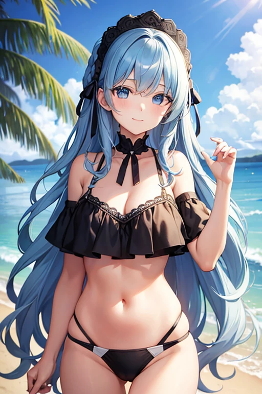 masterpiece, Highest quality, Are standing, Liselotte Cletia, A light smile, Long Hair, Wavy Hair, bangs, Hair between the eyes, Hair Ribbon, blue eyes, (Blue Hair:1), Black Bikini, Beach 