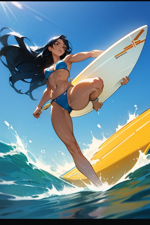 a beautiful woman in a bikini riding a surfboard,crashing waves,ocean,beach,sunny day,blue sky,perfect body,long hair flowing,dynamic pose,athletic,photorealistic,highly detailed,8k,ultra realistic,studio lighting,vibrant colors,cinematic lighting,dramatic lighting,glowing skin,muscular,strong,powerful,graceful,elegant,athletic,confident,charming