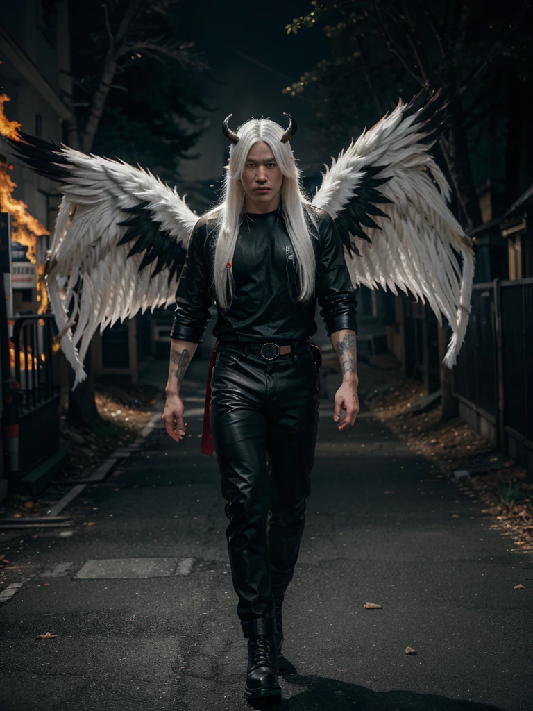 Realistic, real photography, ultra UHD, 30k, 25 year old Korean man long white hair, has devil horns, eyes full of hatred, body full of muscles, has wings covered in flames, black pants, leather boots, right hand holds a red katana, scary, walks on the hollow streets filled with the effects of fire, front view, full body.