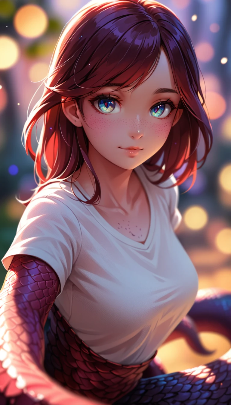1girl, lamia, scales, white shirt, full body, Original Character, Volumetric Lighting, Best Shadows, Shallow Depth of Field, Stunningly Beautiful Girl, , Delicate Beautiful Attractive Face, 8K, RAW, best quality, masterpiece, ultra high res, colorful, portrait, (medium wide shot), (dynamic perspective), sharp focus , (depth of field, bokeh:1.3), extremely detailed eyes and face, beautiful detailed eyes,