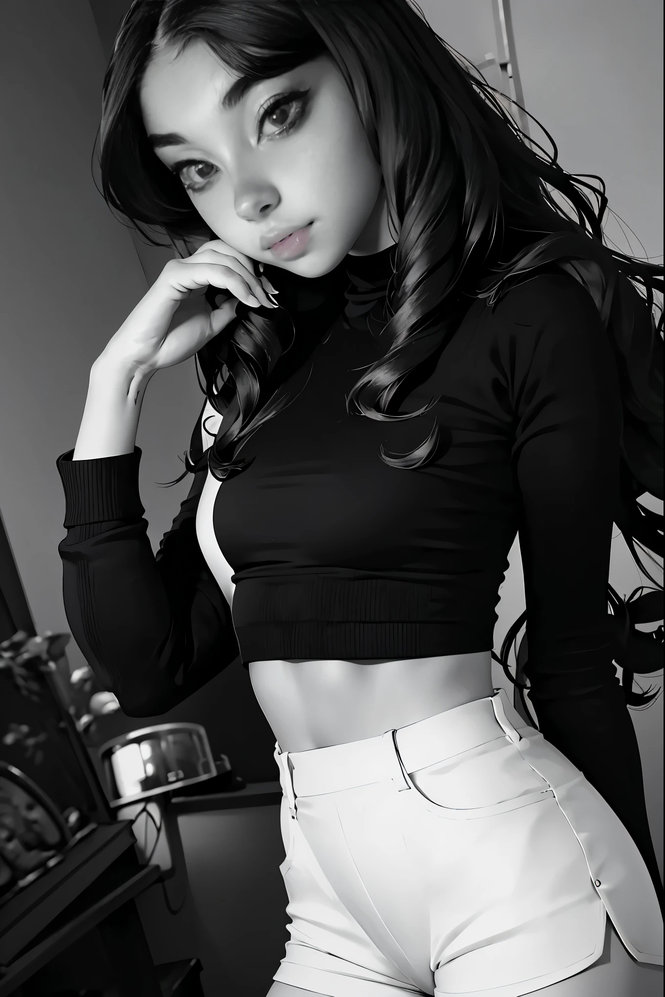 arafed woman in a black and white top and black velvet pants, dressed anya taylor - joy, wearing a cute top, wearing a sexy cropped top, beautiful taissa farmiga, crop top, dressed in a top and shorts, gorgeous young model, sydney sweeney, a beautiful teen-aged girl, young and cute girl, looks a blend of grimes