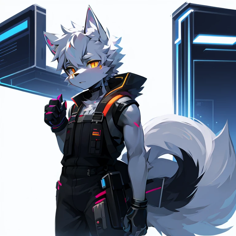 cyber punk perssonage，epcot，Tech style，solo person，White body，White ears，White hair，Overall white，Orange-yellow eyes，Wolf tail，Wolf orcs，Young，Wear a short-sleeved shirt，Ultra-clear screen，Soft lines