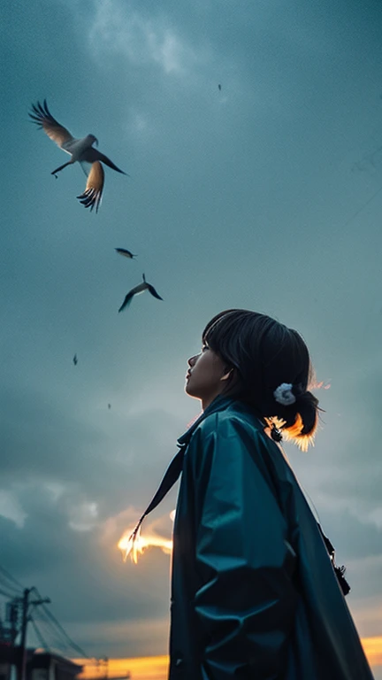 ((crane))、bird、Rainy Sky、One girl,From below