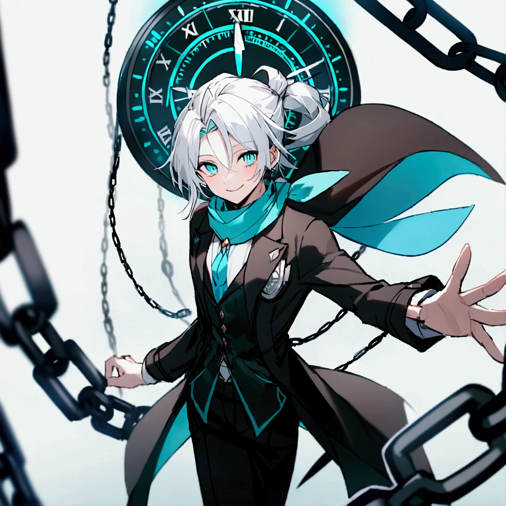 1 man with long white hair and hair tied back, wearing a black overcoat covering his white shirt with a cyan tie and black dress pants with pockets and chains while wearing a white scarf with a tall white background with a smile and a clock showing 12 hours and 28 Roman minutes in black and white and conjuring a magic in the form of a cyan colored time clock with his hair looking like Meliodas with a masculine but beautiful face