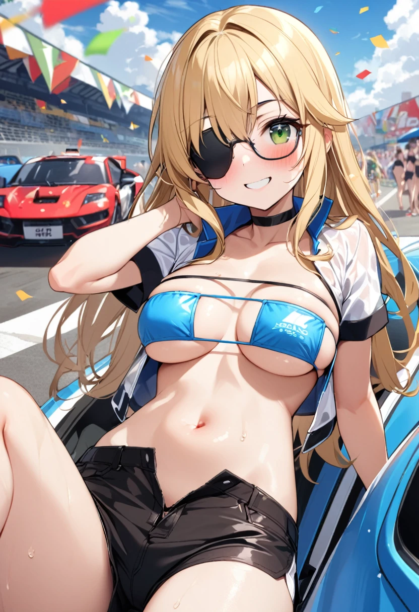 1 girl、solo、Long Hair、chest、Staring at the audience、blush、smile、Blonde Hair、大きなchest、belly button、chestの谷間、Sitting、Close your mouth、Green Eyes、Swimwear、Short sleeve、（No eyepatch on the eye）、Eyepatch bikini、Thighs、Outdoor、Open clothes、null、Glasses、Shorts、choker、noon、cloud、stomach、青null、Shorts、Underbust、（黒Eyepatch bikini）、High leg、黒choker、黒Shorts、Hair Intake、地上car両、自動car、car、Open Fly、Confetti、眼帯High legビキニ、Micro Shorts、Race Queen