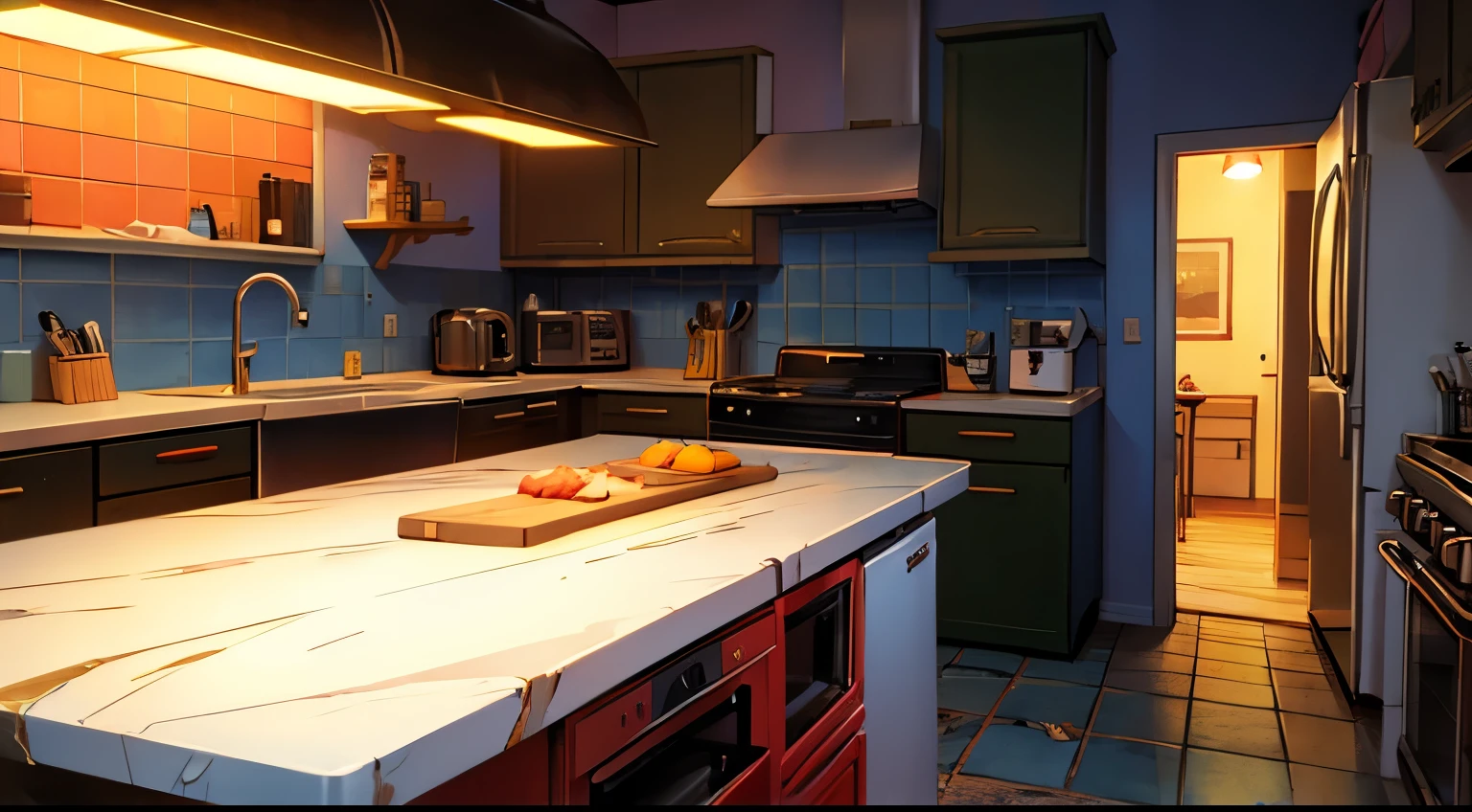 Colorful diner kitchen　wide　The stove and cutting board are very damaged.　night　Very dark