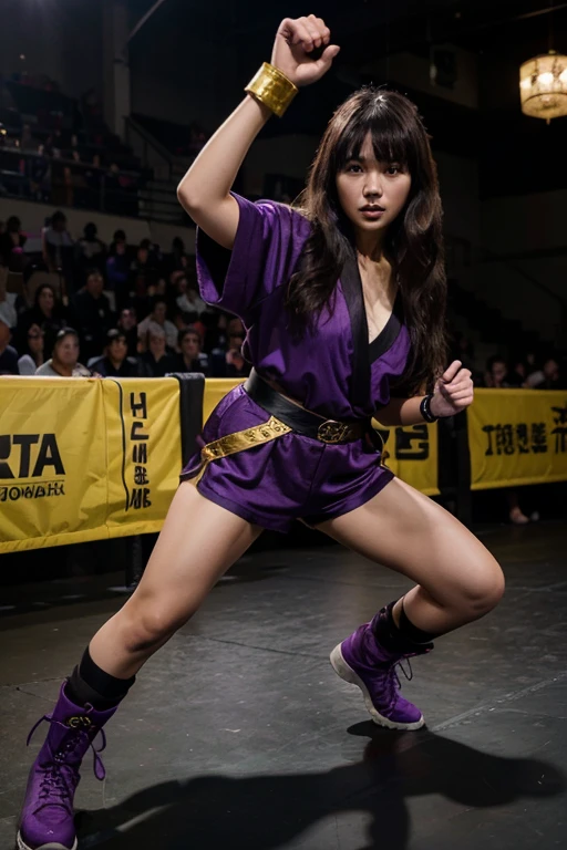 Japanese girl with wavy brown hair and bangs wearing black shorts, purple boots and purple kimono with gold details posing as a fighter in a fighting arena