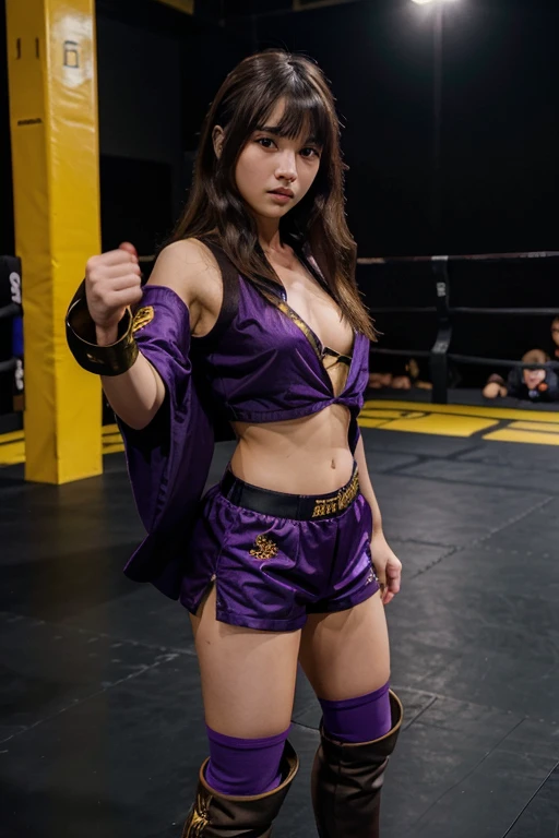 Japanese girl with wavy brown hair and bangs wearing black shorts, purple boots and purple kimono with gold details posing as a fighter in a fighting arena