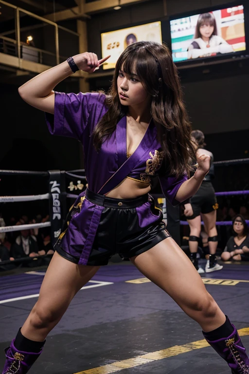Japanese girl with wavy brown hair and bangs wearing black shorts, purple boots and purple kimono with gold details posing as a fighter in a fighting arena