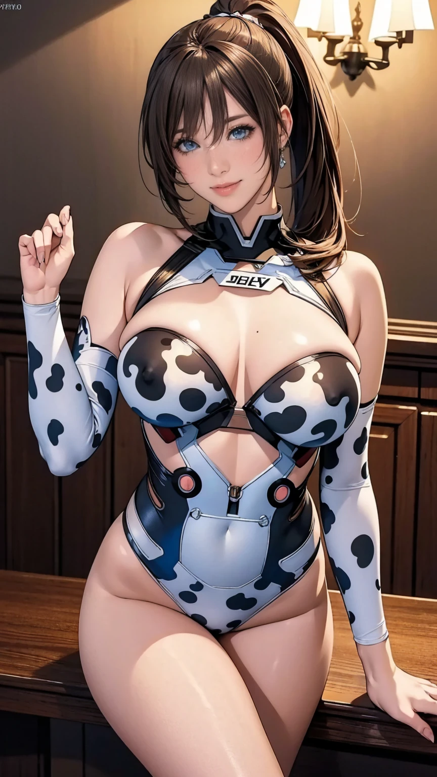 (highest quality, masterpiece:), ultra-high resolution, night, in the pub, Korean gravure model, 23 years old, tight, wearing a cow print leotard, high leg, gigantic breasts, puffy nipple:1.4, skinny, bangs, long hair, light brown hair, ponytail, messy hair, unkempt hair, earrings, beauty, victory smile, mature woman, please face forward and look at the camera,