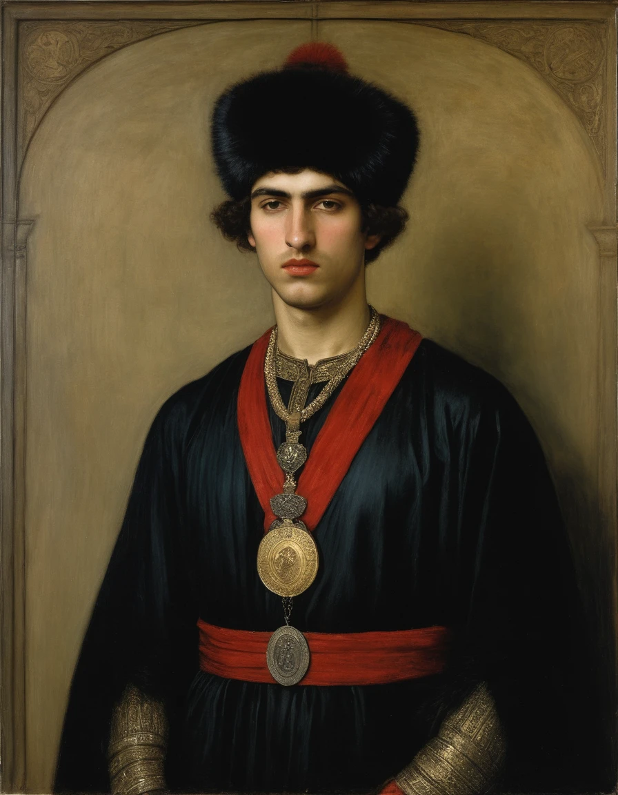 {{Masterpiece, best quality, full oil painting, by Franz von Stuck, muted colors}}, the composition is: ((((a very young male nobleman, sullen, facing viewer. He is wearing a fur hat. He is wearing a black Mughal caftan with Praetorian inspired elements, sashes, Hellenistic inspired medals, a red diamond symbol pendant))))