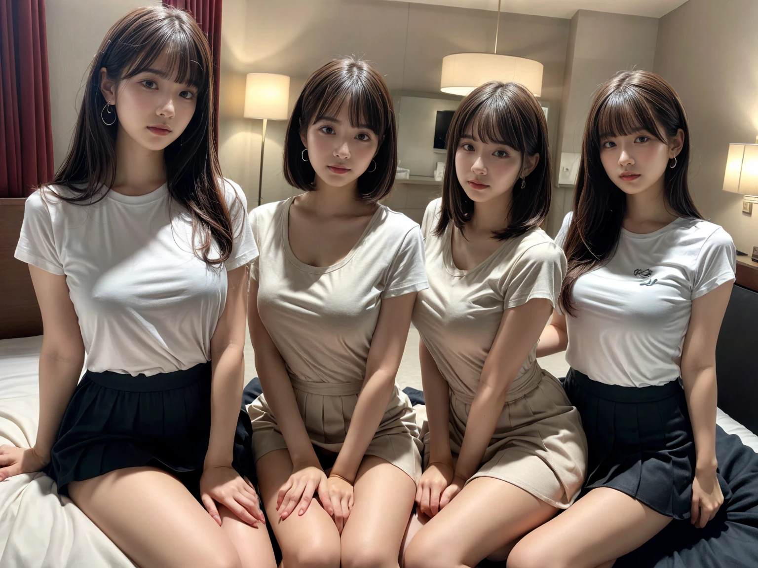 masterpiece, best quality, illustration, Super detailed, fine details, High resolution, 8K,wall paper, perfect dynamic composition,(Details High quality, realistic depiction of eyes:1.3), (3 girls),earrings, (white t-shirt), (black pleated skirt), sitting, open legs, short bob hair, in a hotel room in the background, deep on field, large breasts, black hair color, Big Natural Color Lip, (perfect body shape), crying a little、Harajuku style、20 year old girl、cute type、beautiful legs, Gravure Idol