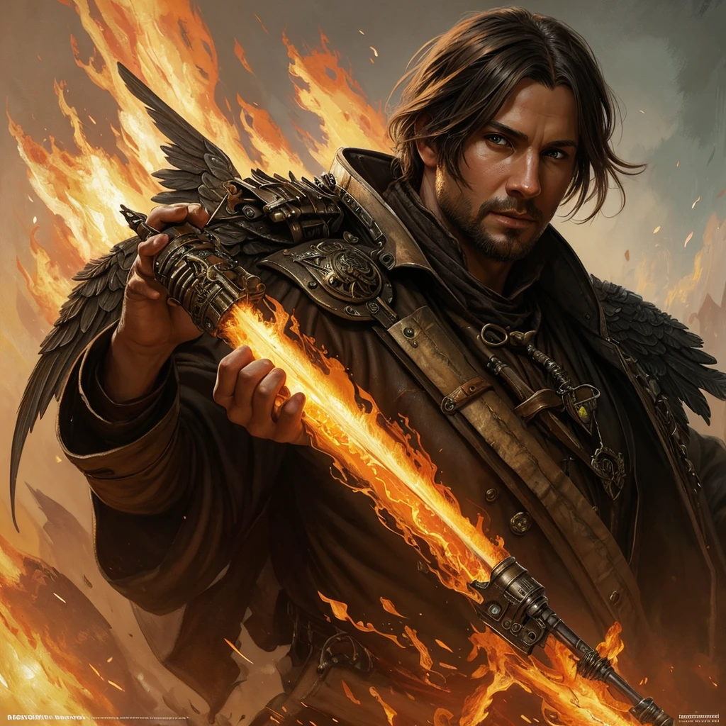 A portrait of a handsome of sks person, post apocalyptic winged firemancer, intricate, elegant, highly detailed, digital painting, artstation, concept art, smooth, sharp focus, illustration, art by Krenz Cushart and Artem Demura and alphonse mucha, ((fire in hands))