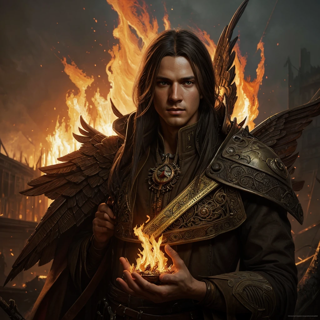 A portrait of a handsome of sks person, post apocalyptic winged firemancer, intricate, elegant, highly detailed, digital painting, artstation, concept art, smooth, sharp focus, illustration, art by Krenz Cushart and Artem Demura and alphonse mucha, ((fire in hands))