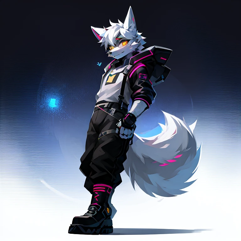 cyber punk perssonage,epcot,Tech style,solo person,White body,White ears,White hair,Overall white,Orange-yellow eyes,Wolf tail,Wolf orcs,Young,Wear a short-sleeved shirt,Ultra-clear screen,Soft lines