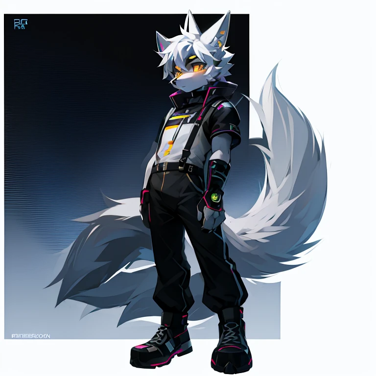 cyber punk perssonage，epcot，Tech style，solo person，White body，White ears，White hair，Overall white，Orange-yellow eyes，Wolf tail，Wolf orcs，Young，Wear a short-sleeved shirt，Ultra-clear screen，Soft lines