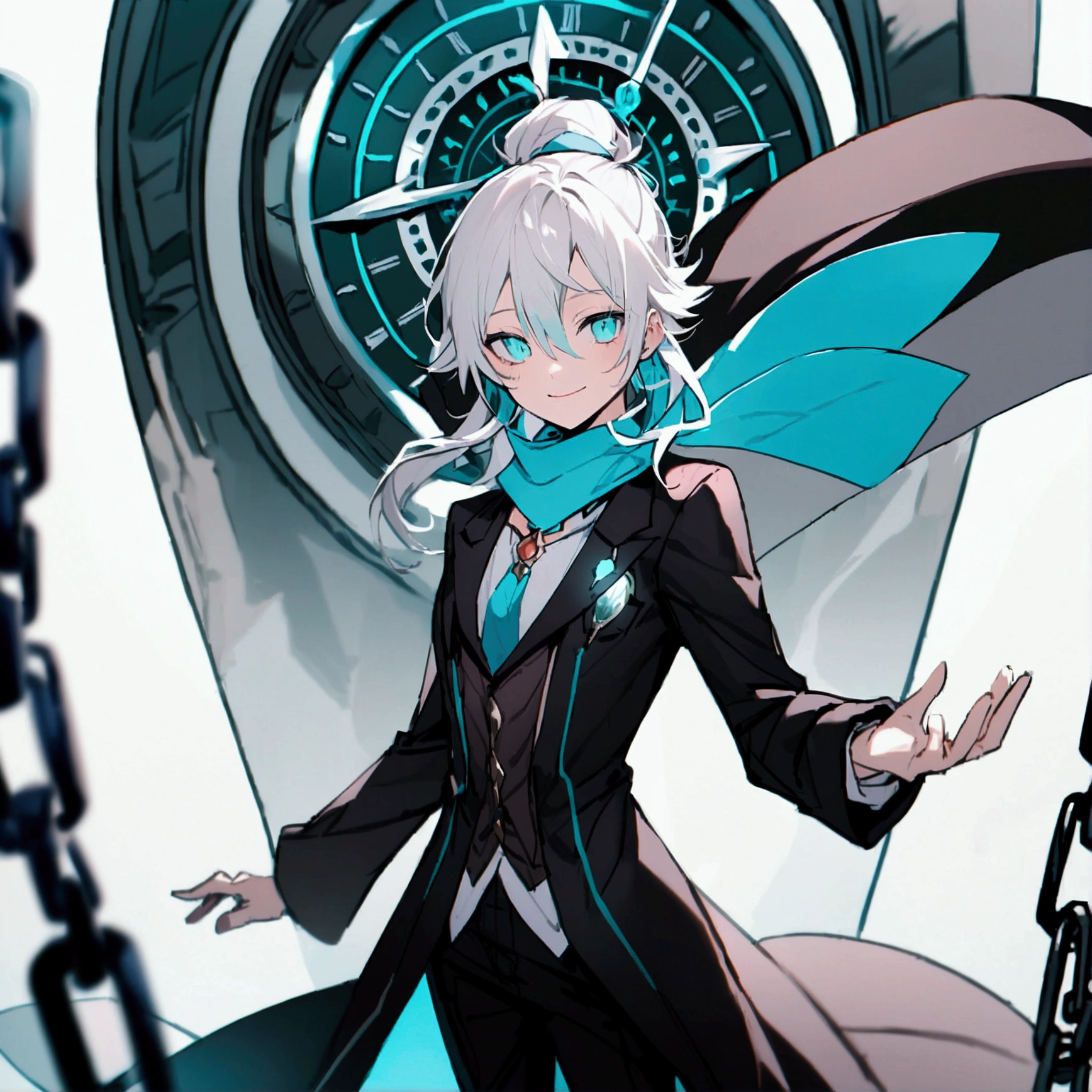1 man with long white hair and hair tied back, wearing a black overcoat covering his white shirt with a cyan tie and black dress pants with pockets and chains while wearing a white scarf with a tall white background with a smile and a clock showing 12 hours and 28 Roman minutes in black and white and conjuring a magic in the form of a cyan colored temporal clock with his hair looking like Meliodas with a male face