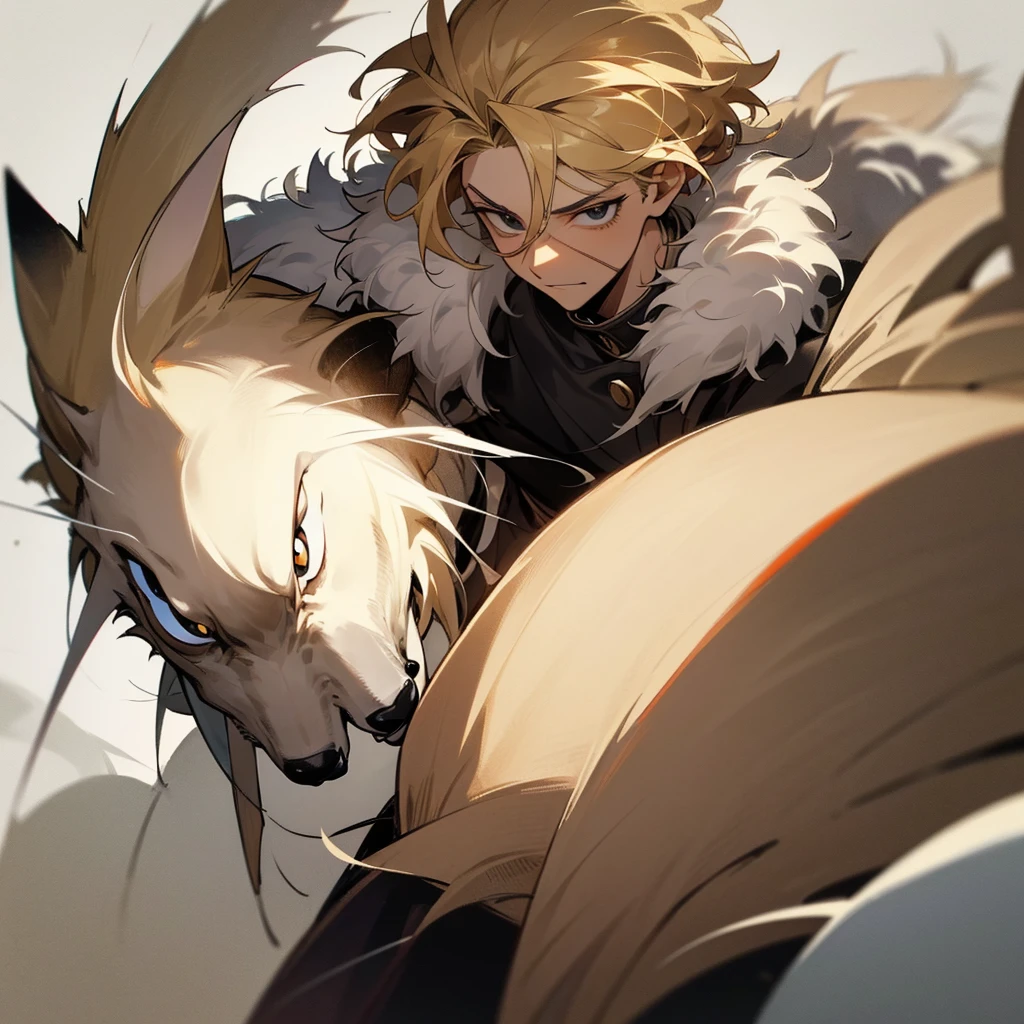 ((Best Quality)), ((masterpiece)), (detailed), 1 21 year old BNHA guy 1.	facial features:
	• Fur: Light skin tone with a warm undertone.
	• Hair: Medium length hair, mix of blonde and white, hairstyle in a wolf cut style (wolf cut). No beard • Eyes: Black eyes with cat pupils, reflecting an intense and mysterious look.
	• Scar: A prominent scar that runs from the corner of his mouth to his right ear.
	• Expression: Quiet and friendly, with a lever